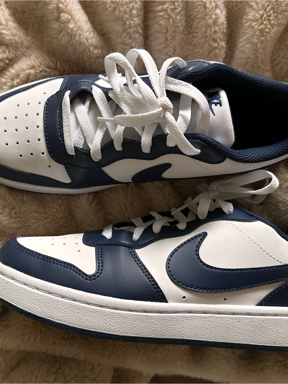 Nike White and Navy Low Top Sneakers with Classic Swoosh